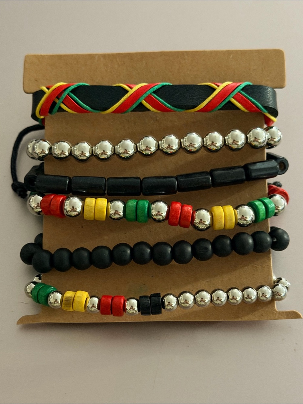 Rasta-Style Multicolor beaded & Leather Bracelet Set Unisex New set 6